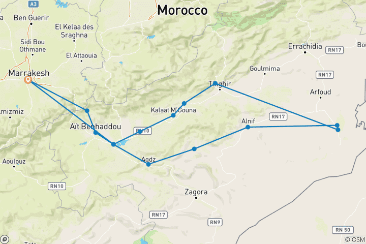 Map of Morocco 9 Days Cultural Tour, Southern Oasis and the road of thousand kasbahs