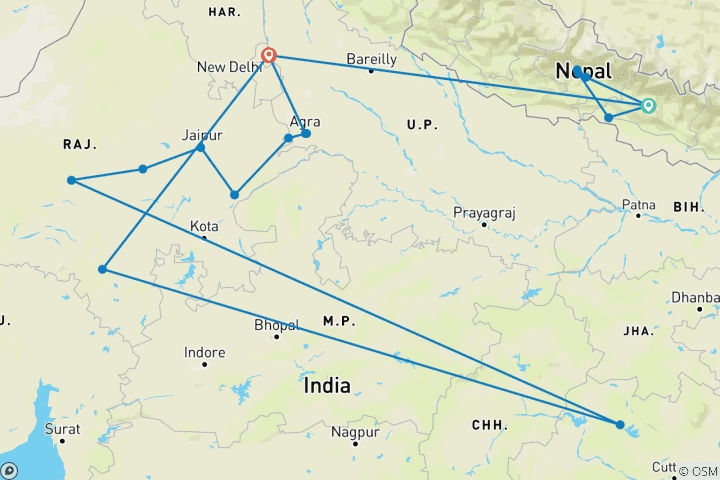 Carte du circuit L'incroyable Népal et l'Inde (Hôtels 4 étoiles)