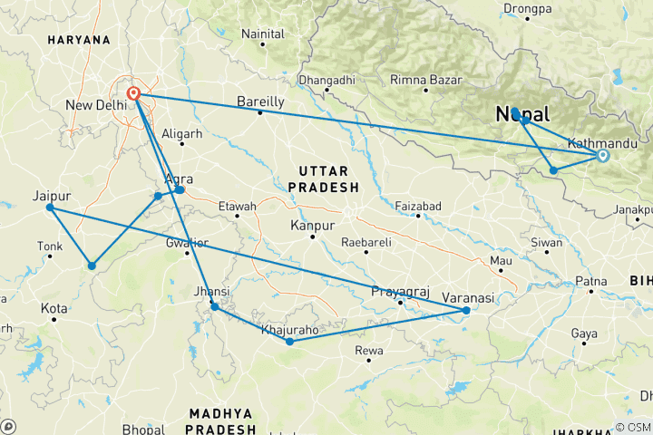 Carte du circuit L'incroyable Népal et l'Inde (Hôtels 4 étoiles)