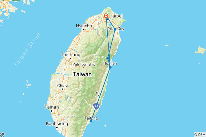 Mapa de Circuito privado de 4 días por el este de Taiwán - Yilan, Hualien, Taitung