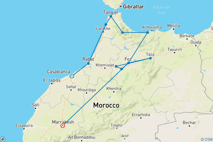 Kaart van Mediterrane Marokko :15 dagen Rondreis door door Marokko vanuit Casablanca