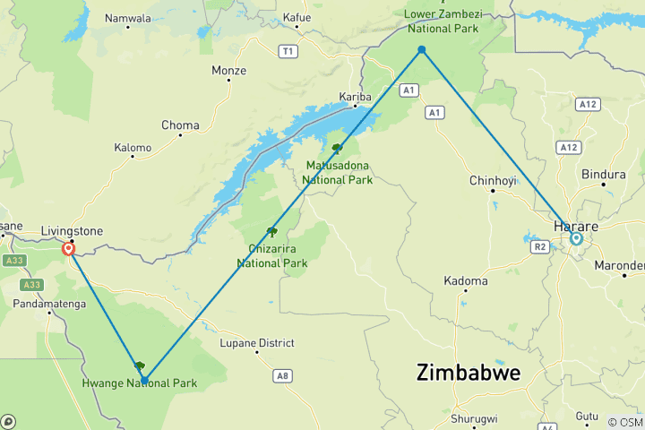 Map of 7-Days Mana Pools  & Hwange National Park