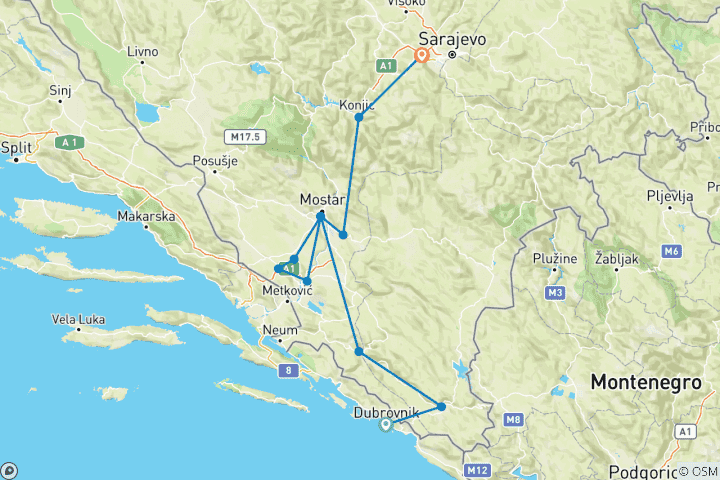 Kaart van Het hele jaar door 3 dagen Rondreis door om Bosnië te ontdekken vanuit Dubrovnik. Verken het middeleeuwse landagenvan Bosnië via schilderachtige wegen.