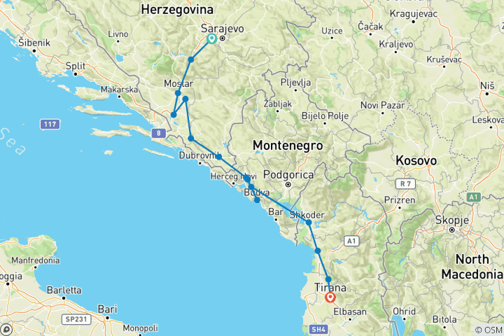 Mapa de Todas las estaciones Mini circuito de 8 días Bosnia +montenegro +Albania desde Sarajevo. Recorre los Balcanes fuera de los caminos trillados.