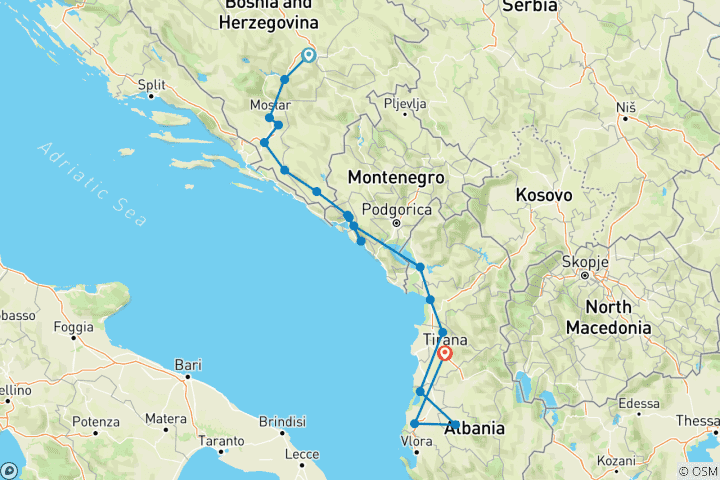 Mapa de Todo el año 10 días de viaje descubrimiento de Bosnia +montenegro +Albania desde Sarajevo.