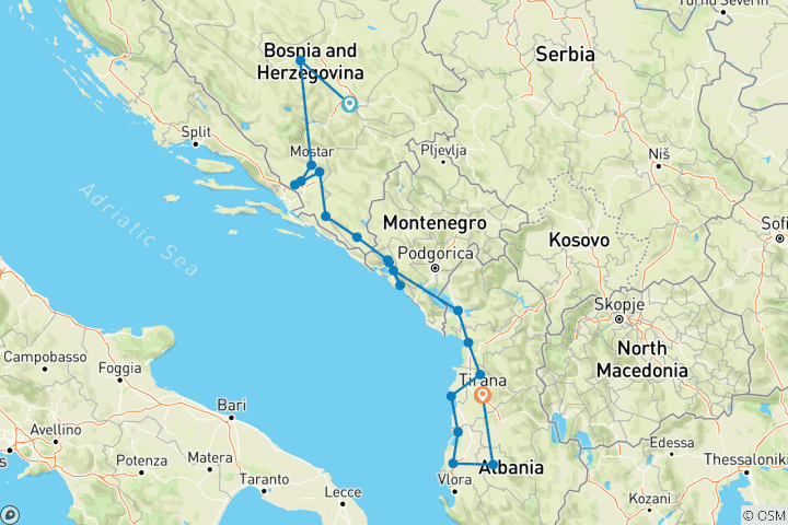 Mapa de Circuito de 12 días para descubrir Bosnia +montenegro +Albania desde Sarajevo. Recorre los Balcanes fuera de los caminos trillados.