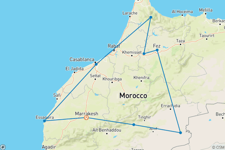 Map of 11 Days Private Tour of Morocco From marrakech visiting desert,fes, chefchaouen and casablanca