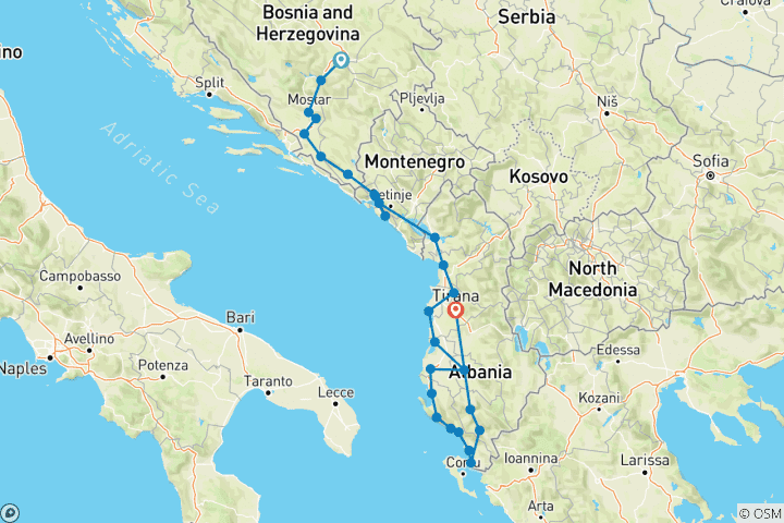 Carte du circuit Circuit toutes saisons de 15 jours à la découverte de la Bosnie, du Monténégro et de l'Albanie au départ de Sarajevo. Découvrez les Balkans hors des sentiers battus.