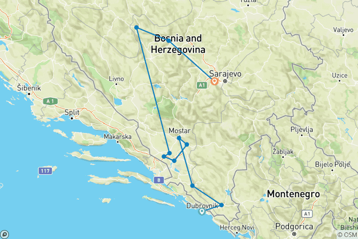 Kaart van Het hele jaar door 6 dagen ontdekkingstocht door Bosnië vanuit Dubrovnik. Middeleeuws landagenvan Bosnië – schilderachtige wegen, forten, kloosters, Ottomaanse steden.