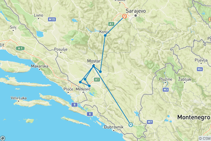 Karte von Mittelalterliches Bosnien: malerische Straßen, Festungen, Klöster, osmanische Städte ab Dubrovnik - 6 Tage