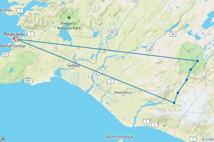 Map of 5-Day Laugavegur Trek in Huts