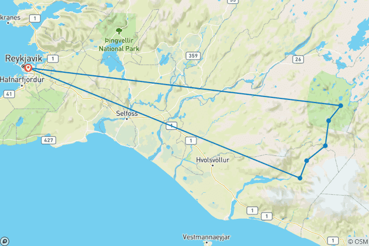 Carte du circuit Trek en refuge à Laugavegur - 5 jours