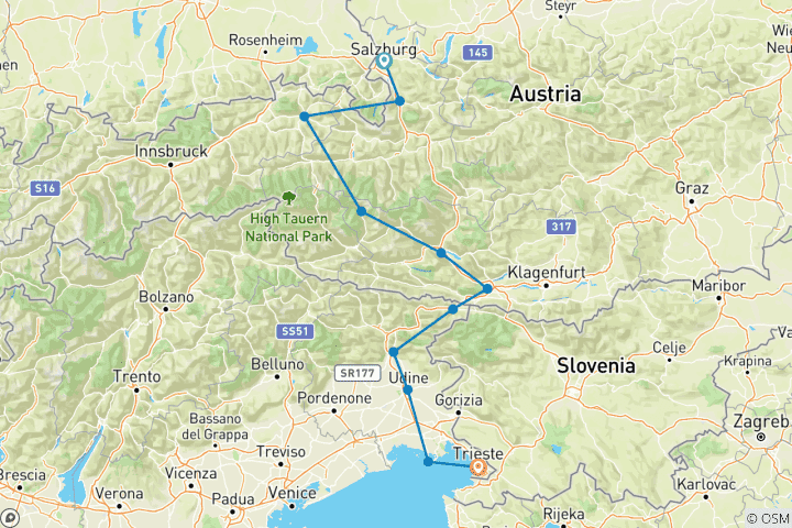 Mapa de Carril bici Alpe-Adria, Salzburgo - Trieste