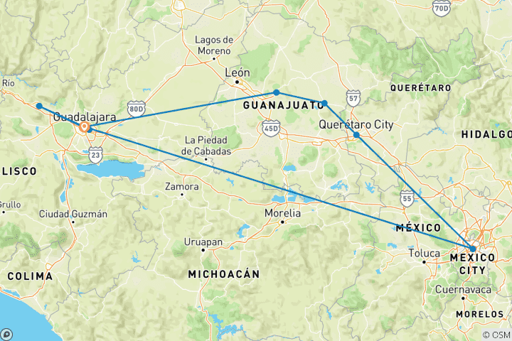 Mapa de Ruta Virreinal desde Guadalajara