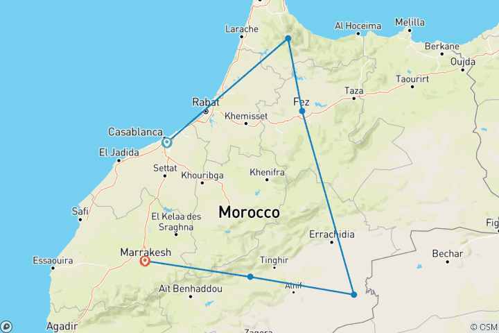 Map of 6 Days Tour from Casablanca to Chefchaouen (Group)
