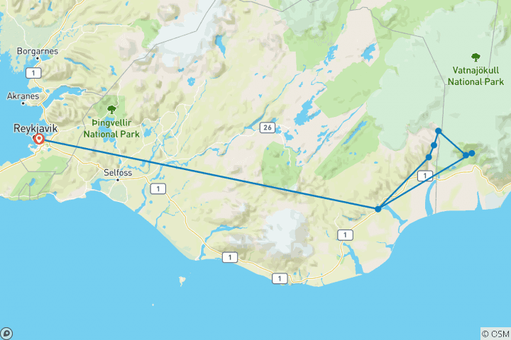 Karte von 5-tägige Wanderung durch die Wildnis des Vatnajökull