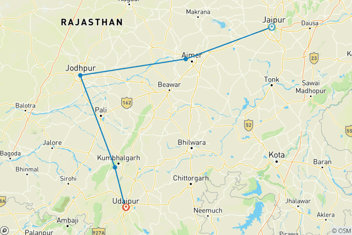 Kaart van Korte tour door Rajasthan