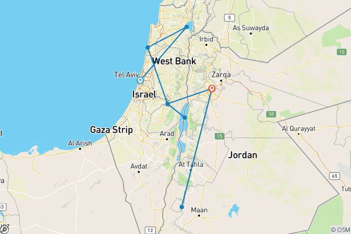 Map of Heritage, Holy Land & Jordan - 11 days