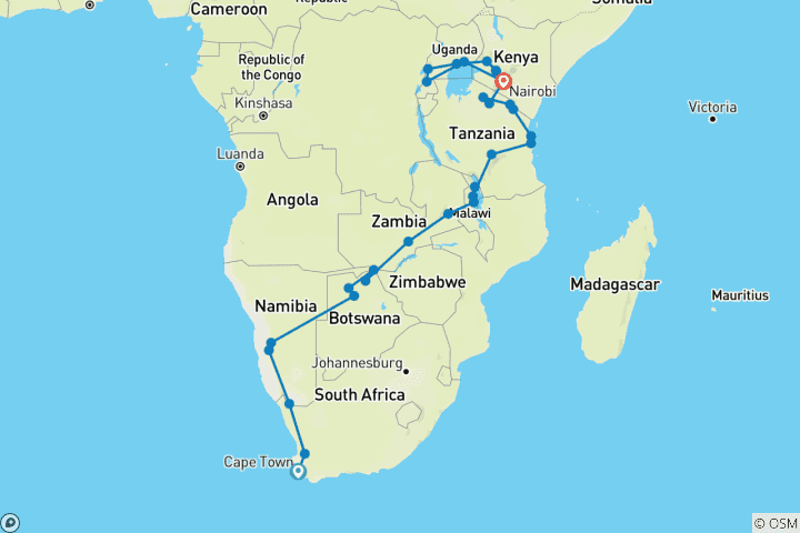 Kaart van De grote Afrikaanse expeditie – noordwaarts – met accommodaties – 56 dagen