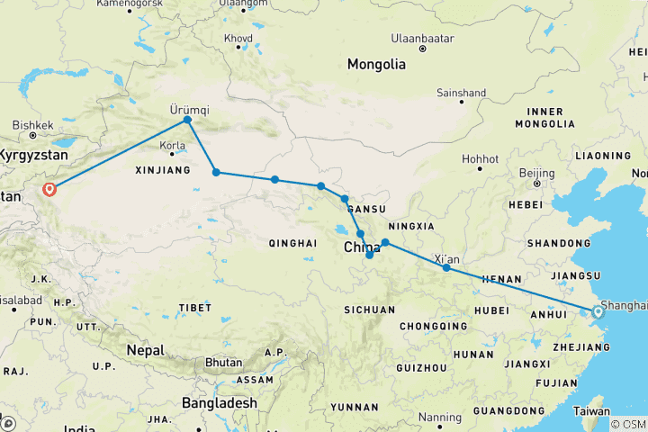 Mapa de Ruta de la Seda espectacular 18D de Shanghai a Kashgar