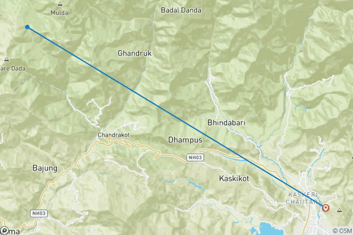 Kaart van Drie dagen Ghorepani Poonhill Trek vanuit Pokhara