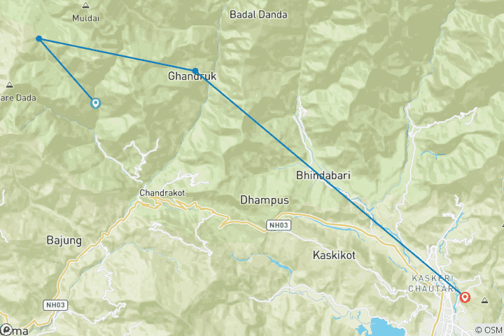 Mapa de 4 días trekking Ghorepani Poonhill privado desde Pokhara