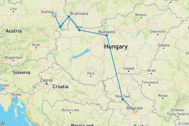 Map of Small Group Tour; Central Europe & the Balkans from Vienna to Belgrade