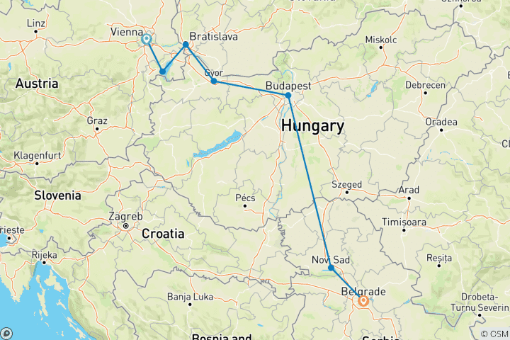 Map of Vienna to Belgrade: Tour of Central Europe & the Balkans