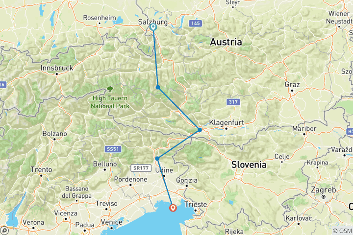 Carte du circuit ALPE-ADRIA-RADWEG De Salzbourg à Grado SPORTIF