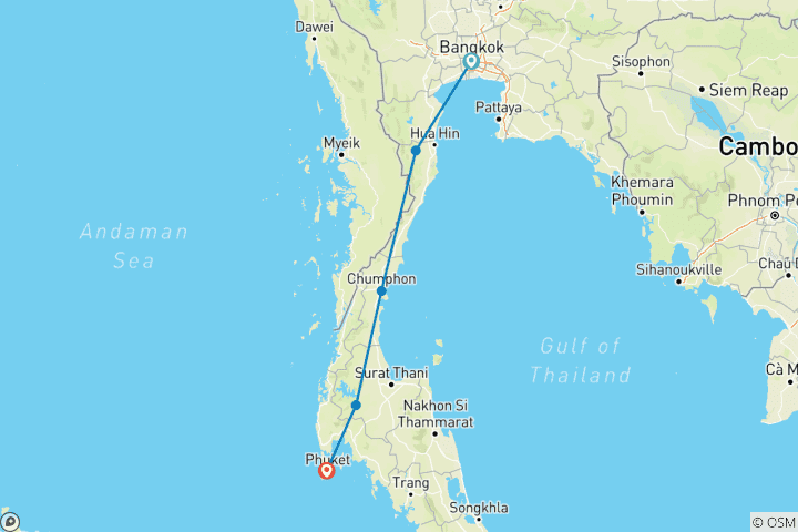 Mapa de De Bangkok a Phuket - 6 días