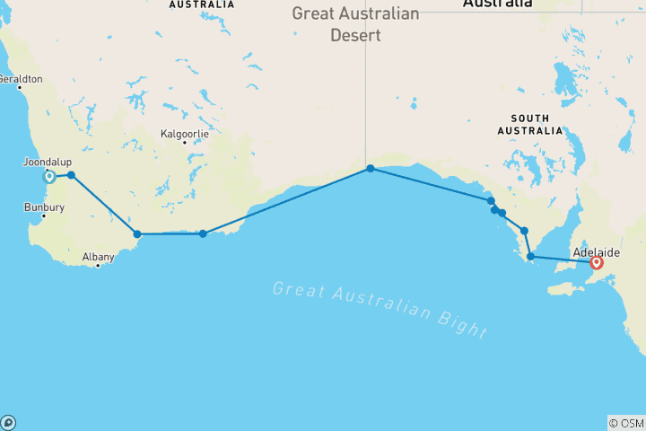 Map of 10 Day Perth to Adelaide Adventure Tour