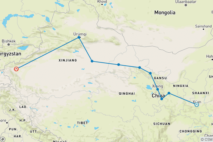 Map of Silk Road from Xi'an to Kashgar 16 Days by train