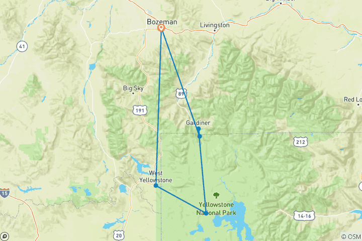 Kaart van Winterwonderland Yellowstone – 6 dagen