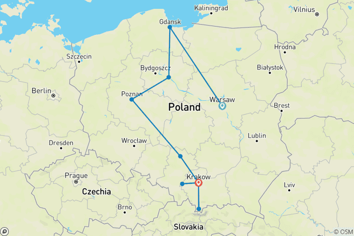 Carte du circuit Circuit sur mesure de 9 jours en Pologne, avec départ quotidien et voiture exclusive