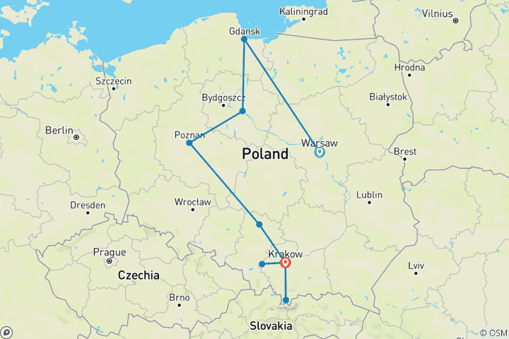 Carte du circuit Circuit sur mesure de 9 jours en Pologne, avec départ quotidien et voiture exclusive
