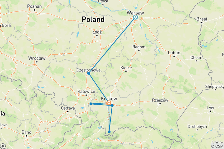 Carte du circuit Voyage privé sur mesure de 7 jours dans le sud de la Pologne, départ quotidien et voiture exclusive