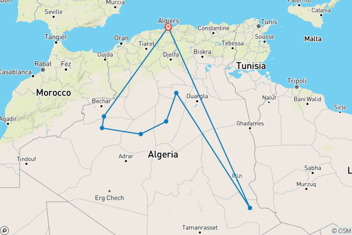 Map of Mature Saharan & Oases Tour