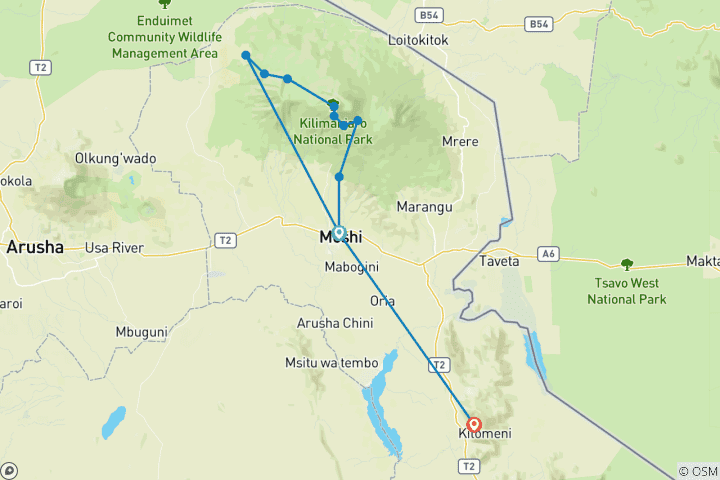 Kaart van Beklim de Kilimanjaro - Lemosho 8 Dagen | Landschappelijke & Matige Trek met Ervaren Gidsen