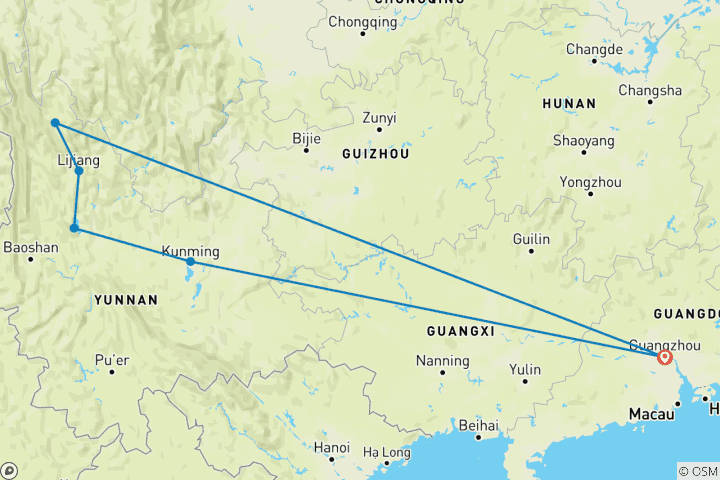 Map of Guangzhou to Yunnan Province 12 Days
