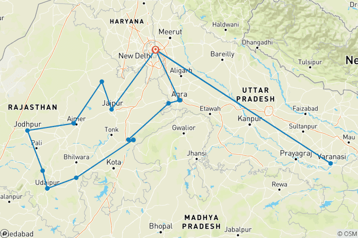 Kaart van Rondreis door Rajasthan – met Agra & Varanasi