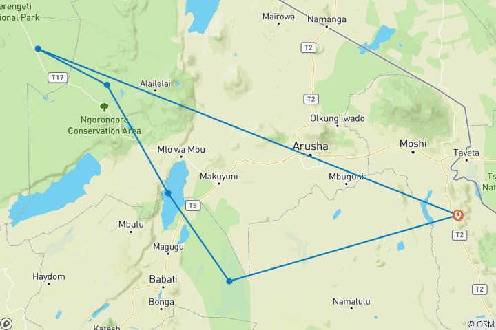 Map of 10 Days Tanzania Great Wildebeest Migration Mara River cross Safari.