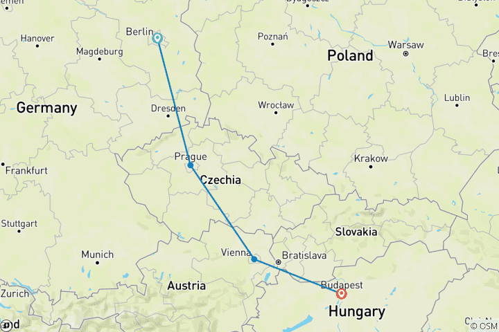 Mapa de De Berlín a Budapest en tren - invierno, 9 días