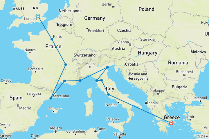 Map of London to Athens (Plus, Start Paris, 17 Days)