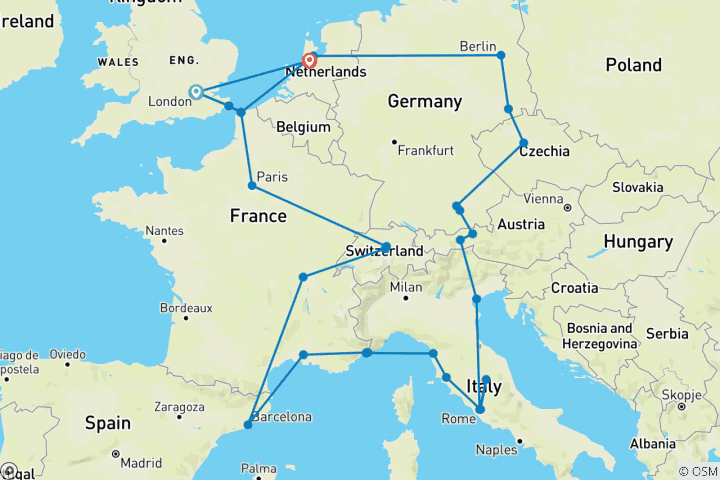 Map of European Escapade 2025 (Plus, Start Paris, 24 Days)