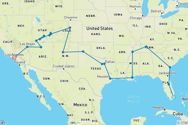 Map of USA Road Trip (End Los Angeles, 23 Days)