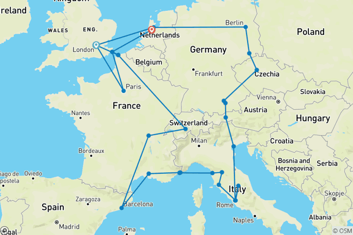 Map of European Escapade 2025 (Standard, Start Paris, 24 Days)