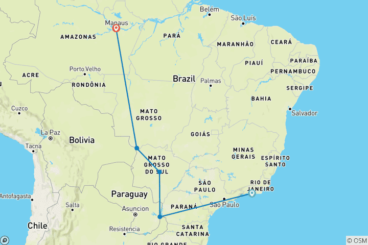 Carte du circuit Vacances privées personnalisées en famille au Brésil, départ quotidien