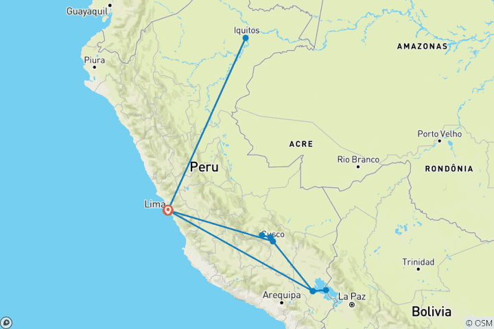 Map of Highlights of Peru with the River Amazon add-on