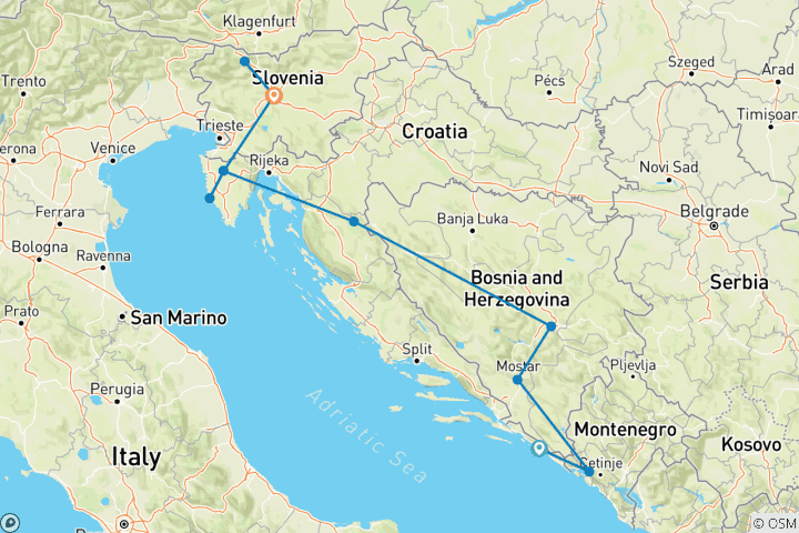 Carte du circuit Un goût des Balkans avec la Croatie, le Monténégro, la Bosnie-Herzégovine et la Slovénie (de Dubrovnik à Ljubljana) (2024)