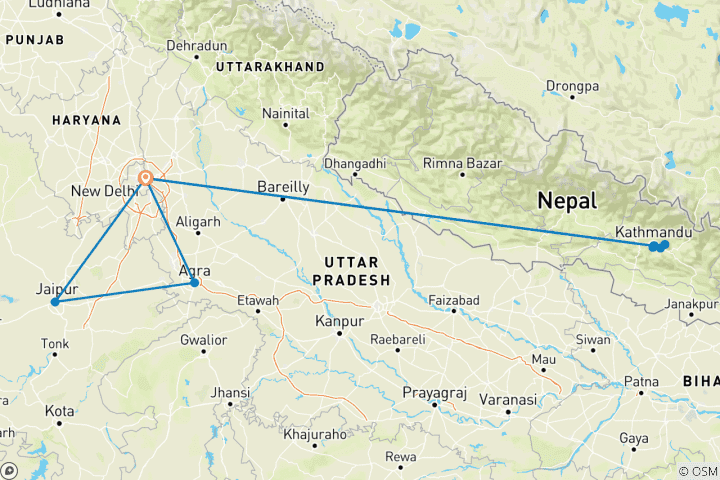 Map of Mystical Himalayan Adventure - Nepal and India (Private Bespoke)